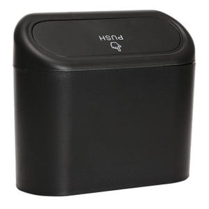 A compact black car trash bin with a push-open lid and a simple hand icon, designed for convenience in vehicles.