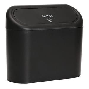 A compact black car trash bin with a push-open lid and a simple hand icon, designed for convenience in vehicles.