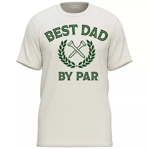 T-shirt with \“BEST DAD BY PAR\“ text and golf club graphics on a light background.