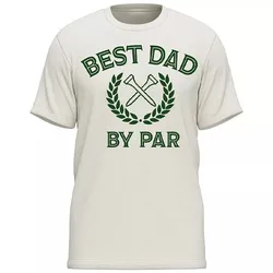 T-shirt with \“BEST DAD BY PAR\“ text and golf club graphics on a light background.