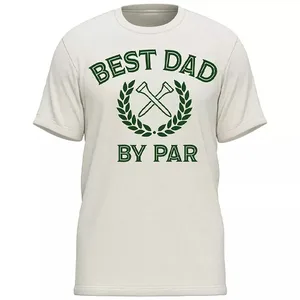 T-shirt with \“BEST DAD BY PAR\“ text and golf club graphics on a light background.