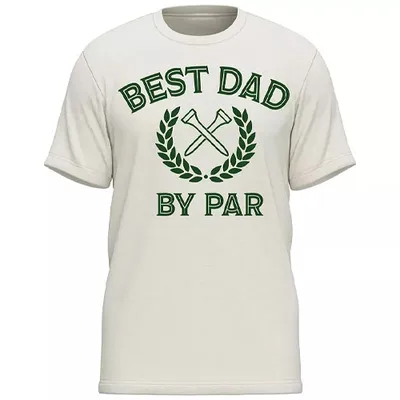 T-shirt with \“BEST DAD BY PAR\“ text and golf club graphics on a light background.