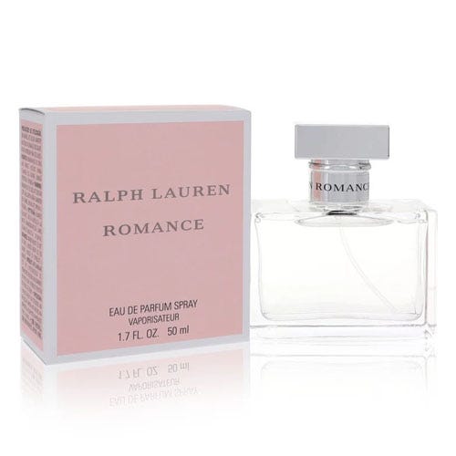 Ralph Lauren Romance Eau de Parfum Spray, 1.7 fl oz (50 ml), with a pink box and a clear rectangular bottle featuring a silver cap.