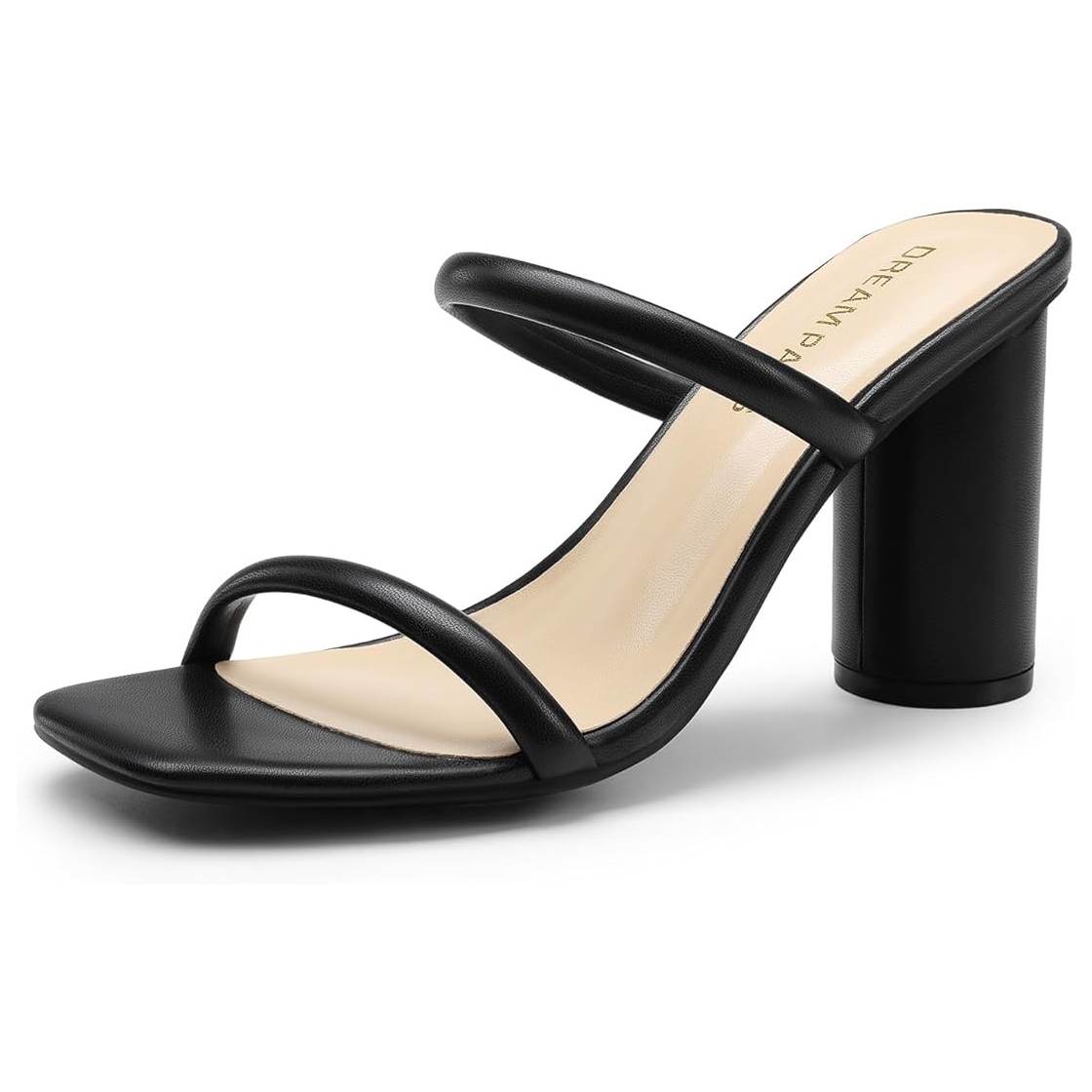 Black high-heeled sandal with double straps and a chunky heel.