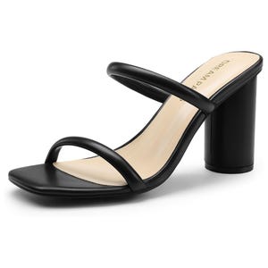 Black high-heeled sandal with double straps and a chunky heel.