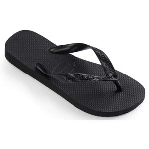 A black flip-flop with a textured sole and black straps. The strap features a subtle embossed pattern and branding.