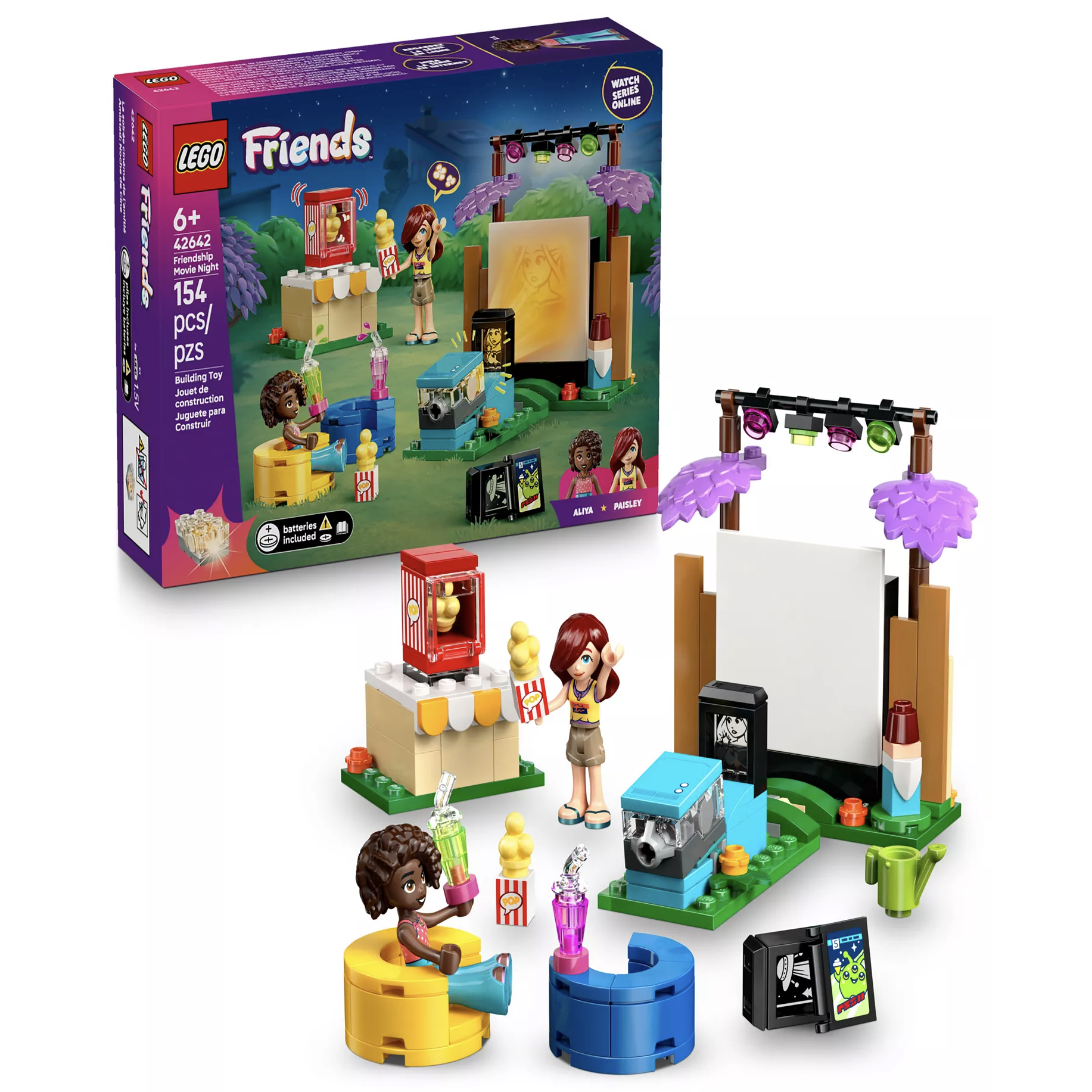 LEGO Friends set 41442, \“Friendship Movie Night,\“ includes 154 pieces featuring a popcorn stand, screen, projector, and two mini-doll figures, Aliya and Paisley, for ages 6 and up.