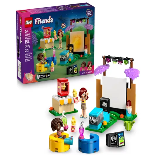 LEGO Friends set 41442, \“Friendship Movie Night,\“ includes 154 pieces featuring a popcorn stand, screen, projector, and two mini-doll figures, Aliya and Paisley, for ages 6 and up.