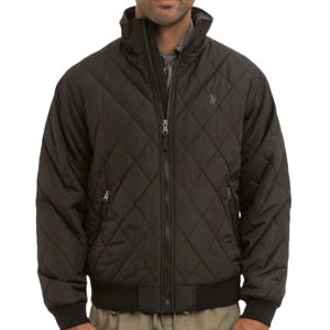 US Polo Assn. Diamond Quilted Jacket features a black quilted design with a zipper closure, ribbed cuffs, and side pockets. It has a high collar and a discreet logo on the chest.