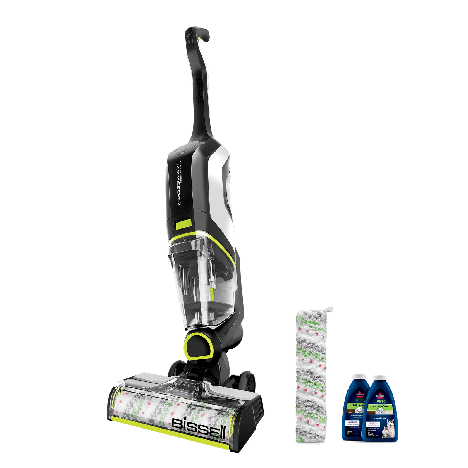 A Bissell CrossWave vacuum cleaner is shown with a replacement roller and two bottles of cleaning solution.