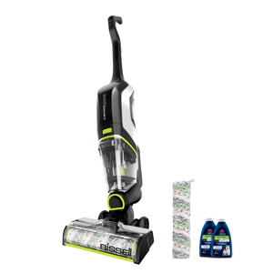 A Bissell CrossWave vacuum cleaner is shown with a replacement roller and two bottles of cleaning solution.