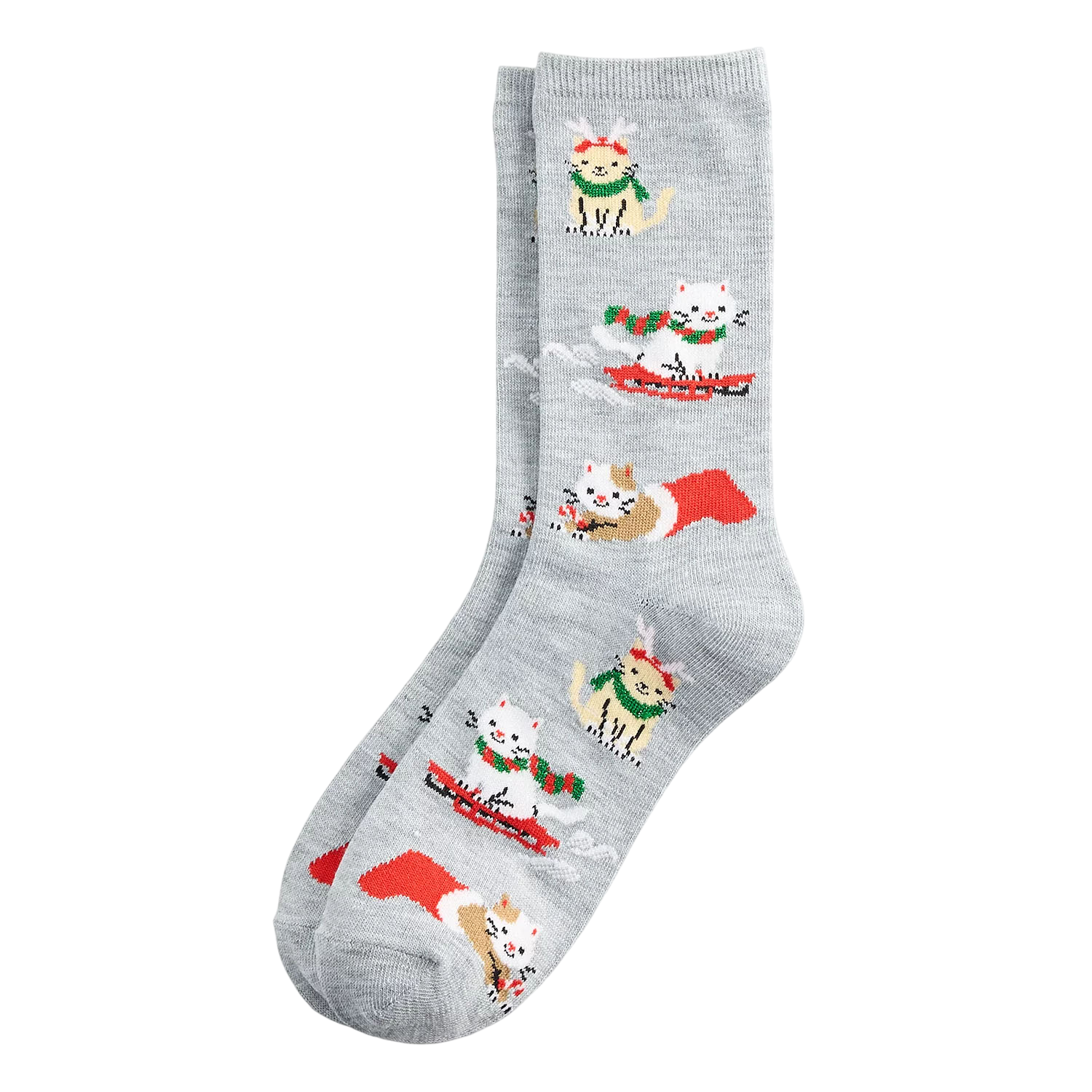 Gray socks featuring playful cat designs, including ones with scarves and hats, engaging in winter activities like sledding.
