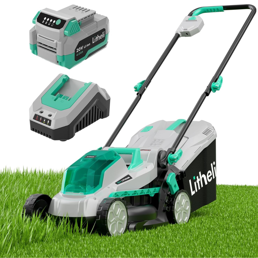 A cordless lawn mower with a 20V lithium-ion battery and charger, branded \“Litheli,\“ displayed on grass.