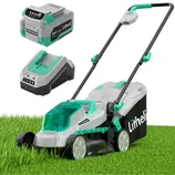 A cordless lawn mower with a 20V lithium-ion battery and charger, branded \“Litheli,\“ displayed on grass.