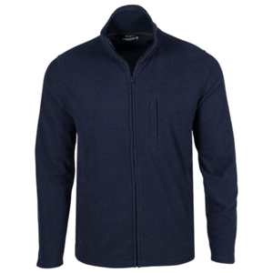 Navy blue Mountain Khakis Apex Full-Zip Jacket with a zip front, high collar, and a chest pocket. Made from textured fabric for casual and outdoor use.