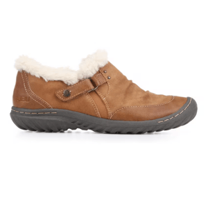 A brown, fur-lined slip-on shoe with a single strap and a rugged sole designed for warmth and comfort.