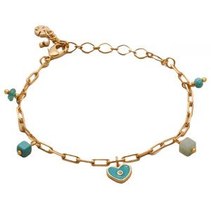 A gold chain bracelet features turquoise beads, a small heart-shaped charm, and an extension chain with a decorative end.