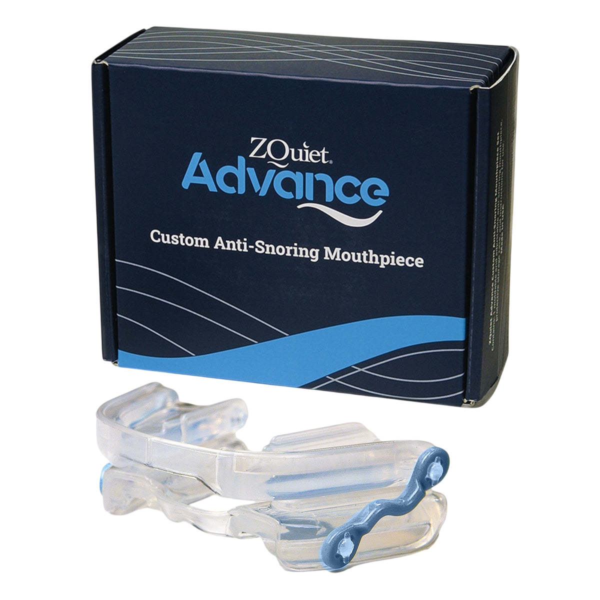 ZQuiet Advance Custom Anti-Snoring Mouthpiece shown with its packaging, designed to reduce snoring by adjusting the position of the jaw during sleep.