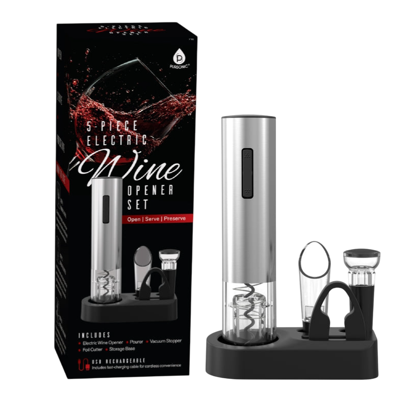 5-piece electric wine opener set includes an electric opener, pourer, vacuum stopper, foil cutter, and storage base. USB rechargeable for convenience.