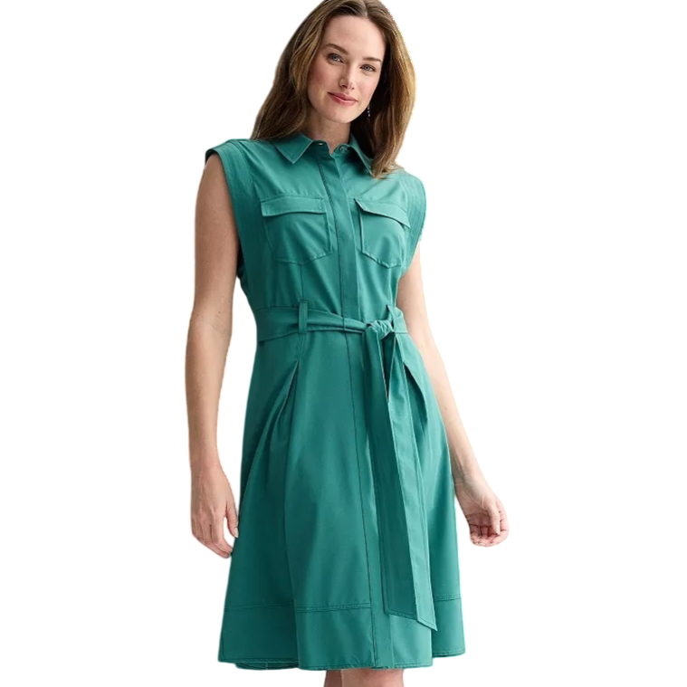 A sleeveless, collared green dress featuring two chest pockets, a belted waist, and knee-length cut.