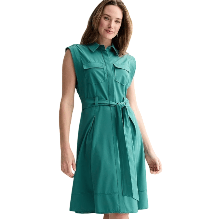 A sleeveless, collared green dress featuring two chest pockets, a belted waist, and knee-length cut.