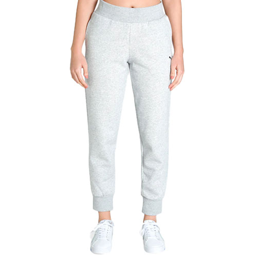 Light gray high-waisted joggers with an elastic waistband and cuffs, featuring side pockets and a relaxed fit, paired with white sneakers.