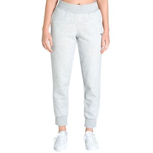 Light gray high-waisted joggers with an elastic waistband and cuffs, featuring side pockets and a relaxed fit, paired with white sneakers.