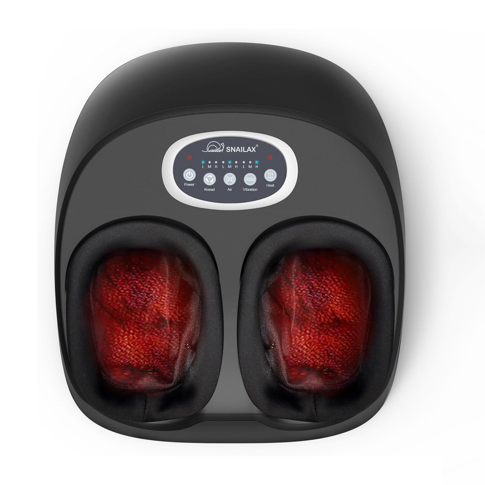 Foot massager with multiple control buttons for power, kneading, air, vibration, and heat functions.