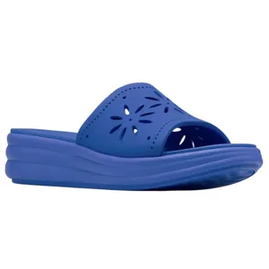 A blue slide sandal with a cushioned sole featuring floral cutout designs on the upper strap.