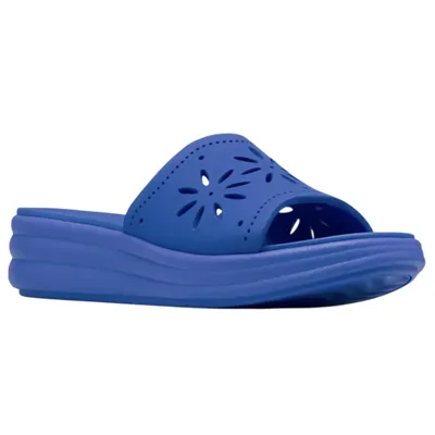 A blue slide sandal with a cushioned sole featuring floral cutout designs on the upper strap.