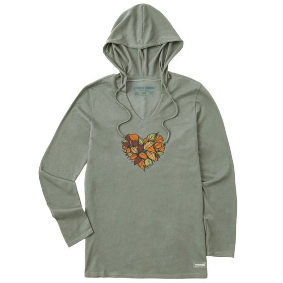 Olive green long-sleeve hoodie with a v-neck cutout and a leaf design on the chest.