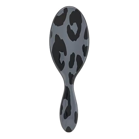 A hairbrush with a dark leopard print pattern on its handle and back, featuring an oval shape and ergonomic design.