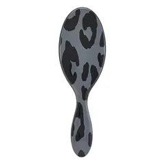 A hairbrush with a dark leopard print pattern on its handle and back, featuring an oval shape and ergonomic design.