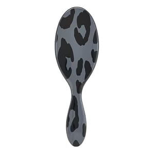 A hairbrush with a dark leopard print pattern on its handle and back, featuring an oval shape and ergonomic design.
