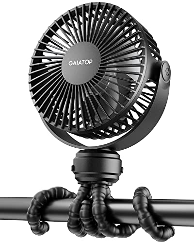 Black portable fan with a flexible tripod base, allowing it to be mounted on various surfaces.