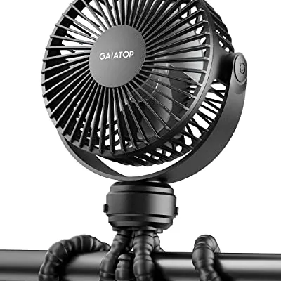 Black portable fan with a flexible tripod base, allowing it to be mounted on various surfaces.