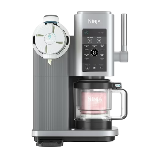 Ninja ice cream maker with a digital control panel and a milk frother attachment, designed for creating various frozen treats in a modern kitchen setup.