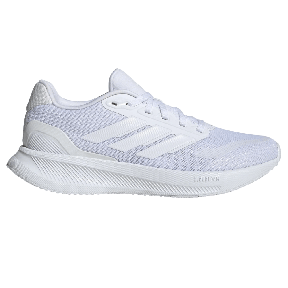 White athletic sneaker with mesh upper, three stripes design, and Cloudfoam sole.