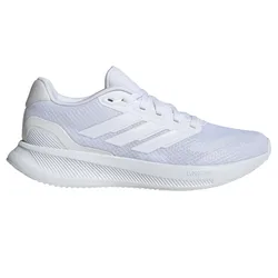 White athletic sneaker with mesh upper, three stripes design, and Cloudfoam sole.