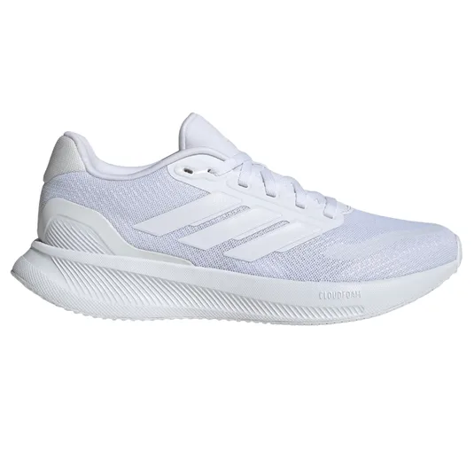 White athletic sneaker with mesh upper, three stripes design, and Cloudfoam sole.