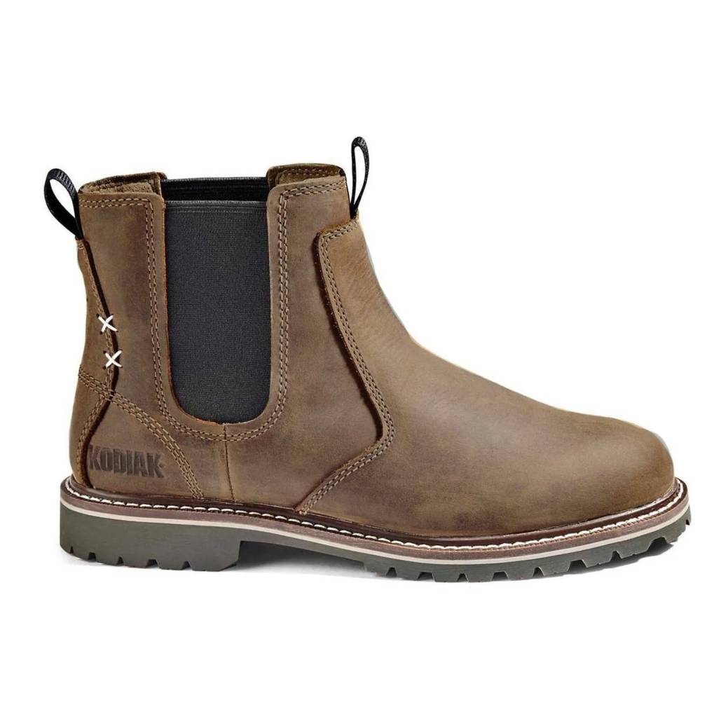 Brown Chelsea boot with black elastic side panels and rugged rubber sole, featuring pull tabs and reinforced stitching.