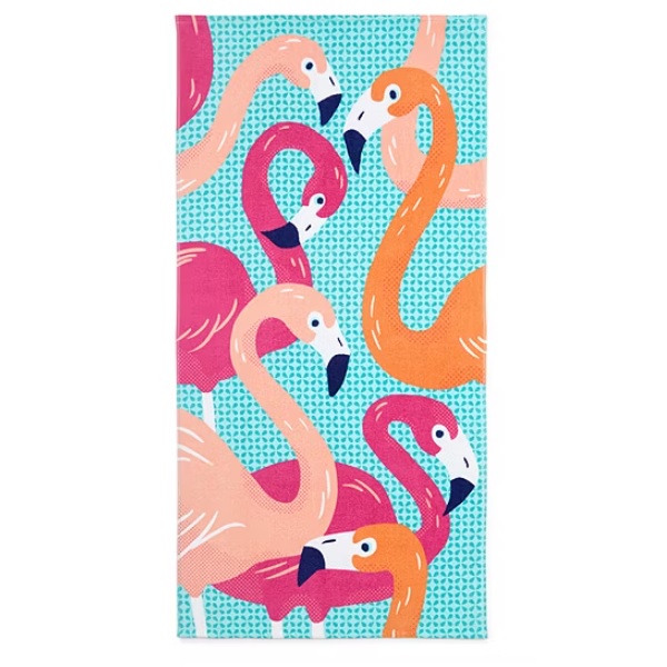 Colorful towel featuring a lively flamingo pattern in shades of pink, orange, and blue on a light blue background.