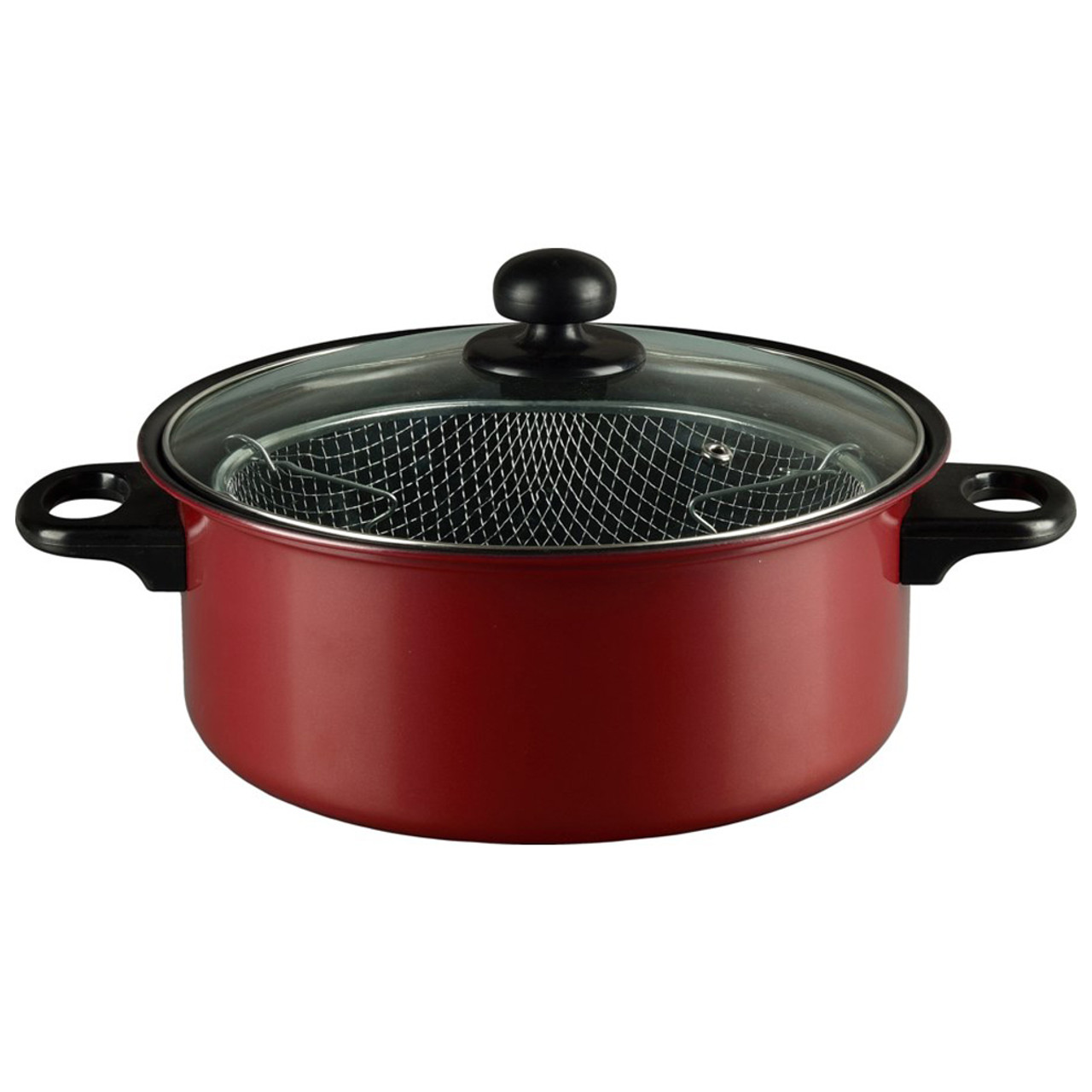 Red cooking pot with black handles, a transparent glass lid, and a metal mesh basket inside.