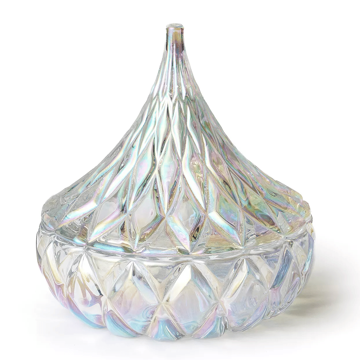 Iridescent candy dish with a diamond-cut pattern and a pointed lid.