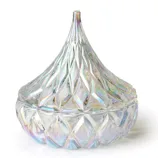 Iridescent candy dish with a diamond-cut pattern and a pointed lid.