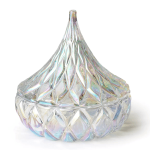 Iridescent candy dish with a diamond-cut pattern and a pointed lid.