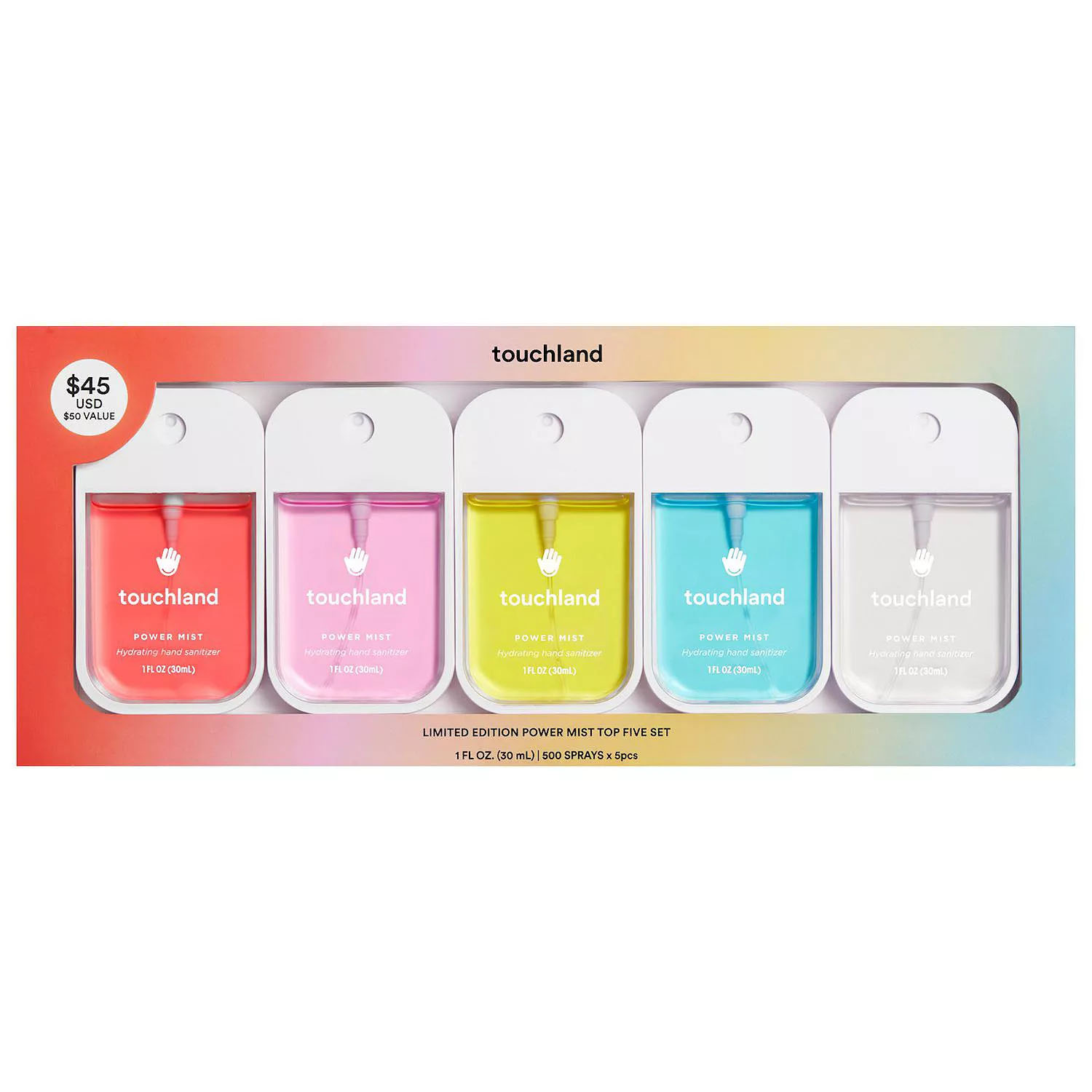 Touchland's Limited Edition Power Mist Set includes five 1 fl oz (30 mL) hydrating hand sanitizers in colorful bottles, each providing 600 sprays. Priced at $45 USD, the set has a stated value of $50.