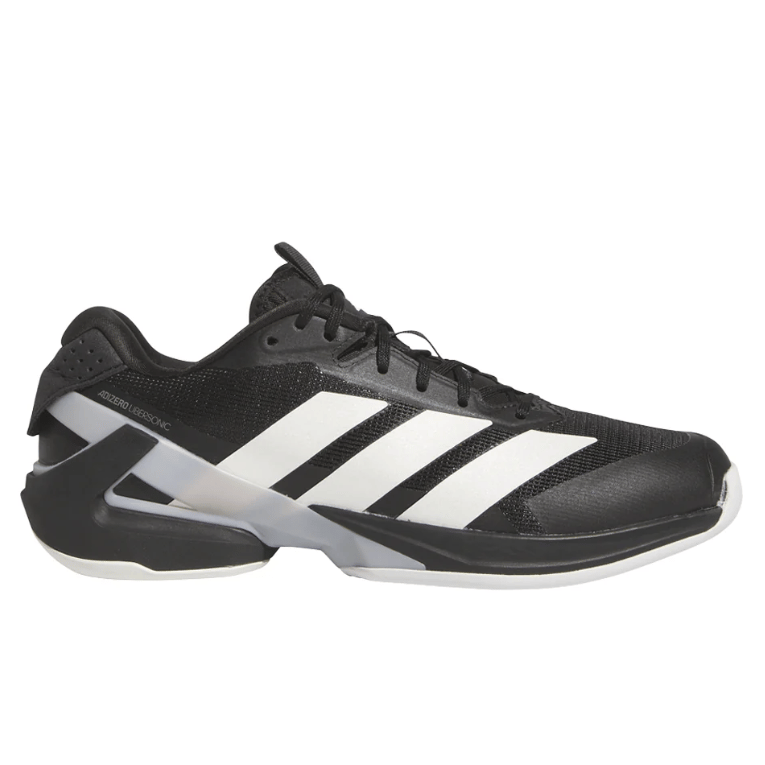 Black and white Adidas Adizero Ubersonic tennis shoe with a sleek design and signature three stripes on the side.