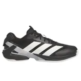Black and white Adidas Adizero Ubersonic tennis shoe with a sleek design and signature three stripes on the side.
