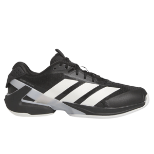 Black and white Adidas Adizero Ubersonic tennis shoe with a sleek design and signature three stripes on the side.